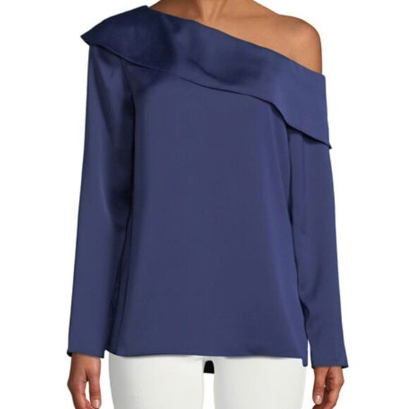 NWT- CLUB MONACO Navy blue satin one shoulder long sleeve top - Picture 1 of 12